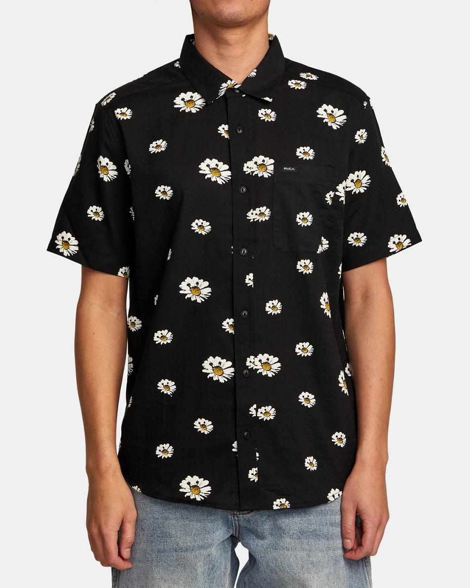 Black Rvca Pushin Up Short Sleeve Men's T shirt | USJVR31218