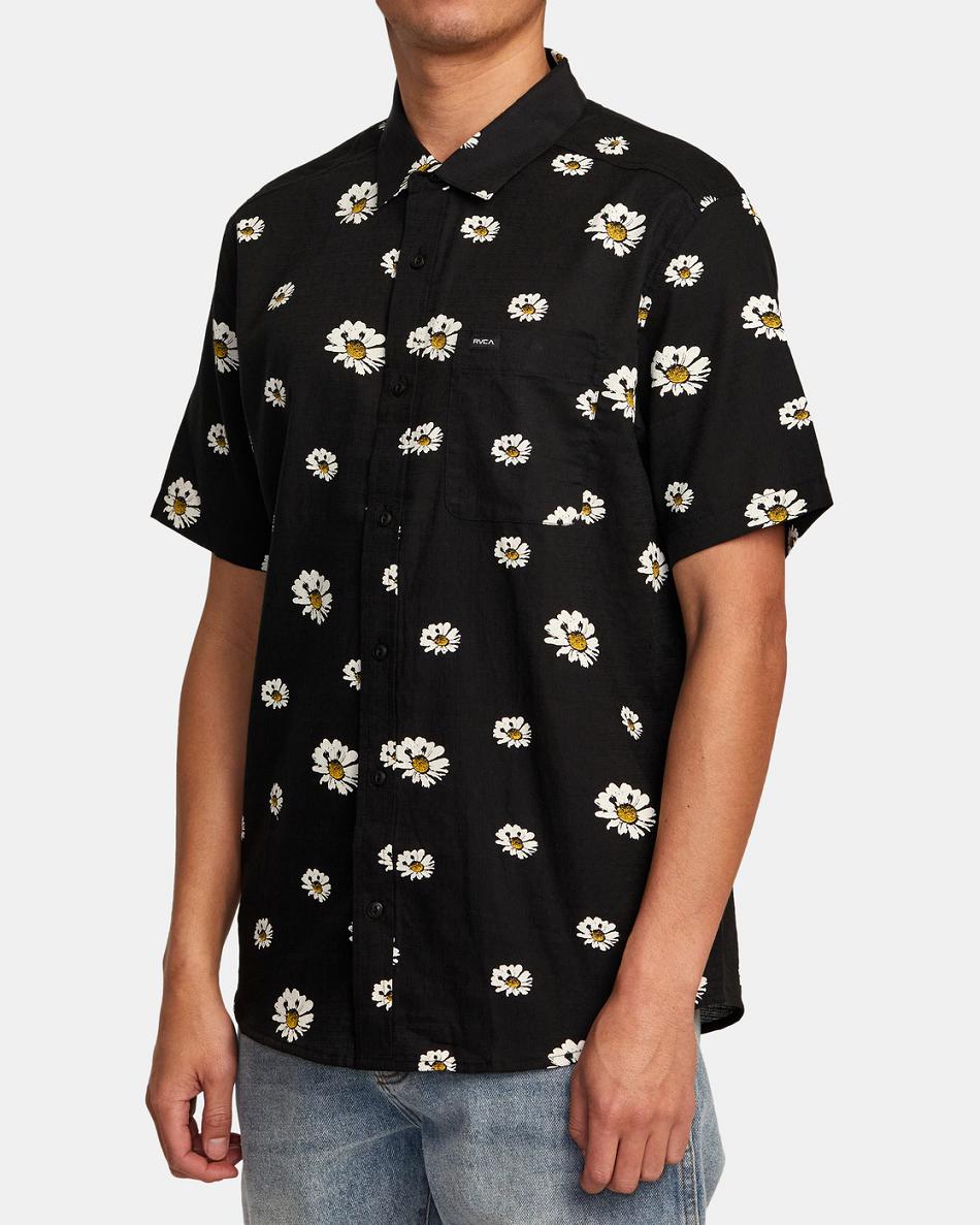 Black Rvca Pushin Up Short Sleeve Men's T shirt | USJVR31218