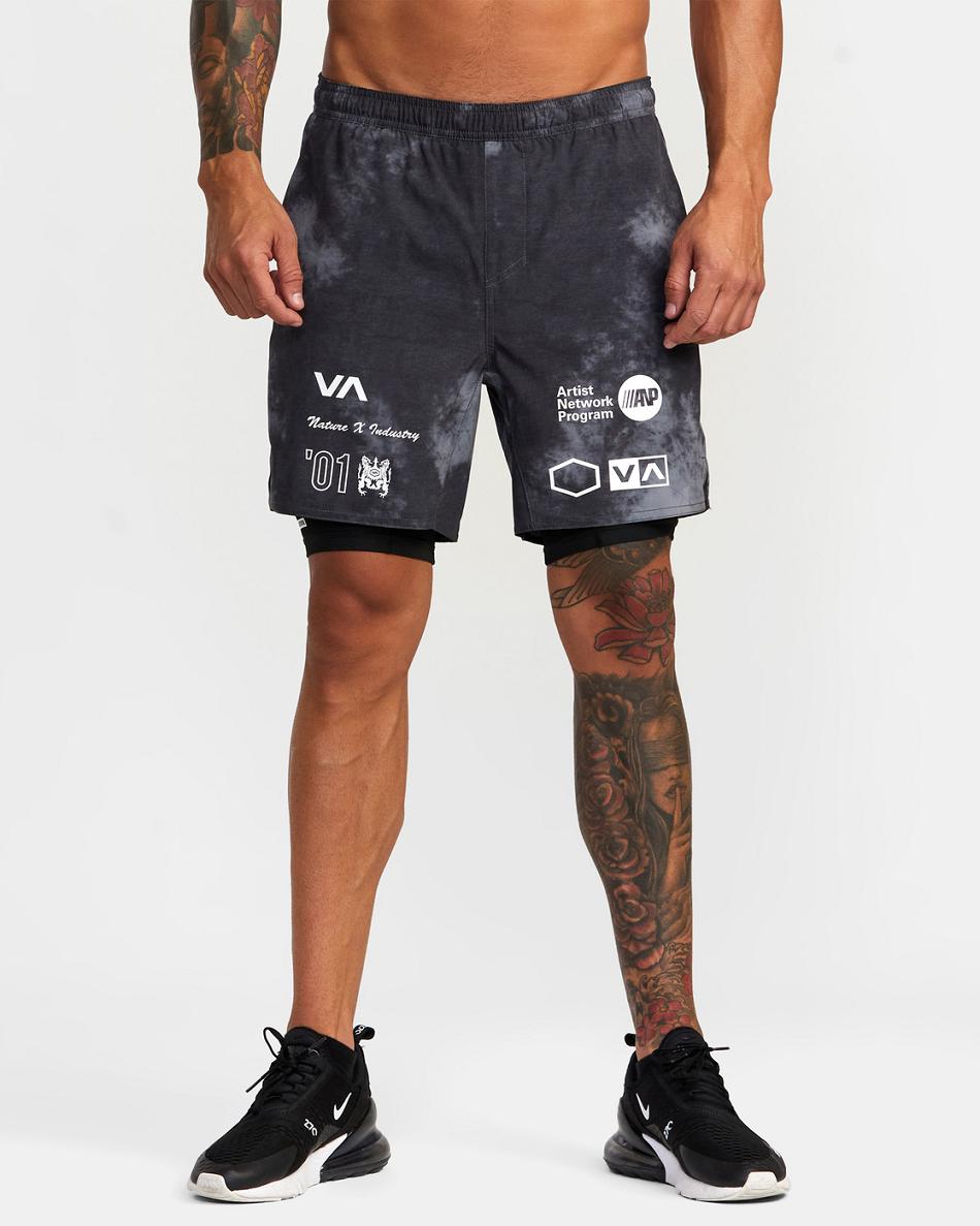 Black Tie Dye Rvca Yogger Train 2-In-1 Elastic Workout 17 Men's Shorts | USJKU38005
