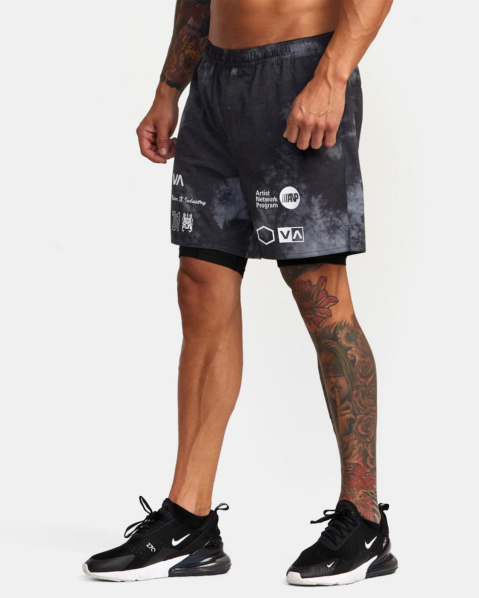 Black Tie Dye Rvca Yogger Train 2-In-1 Elastic Workout 17 Men's Shorts | USJKU38005