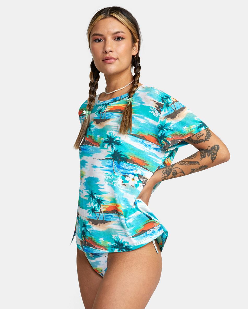 Blue Crest Rvca Recess 3 Crewneck Women's T shirt | BUSSD85254