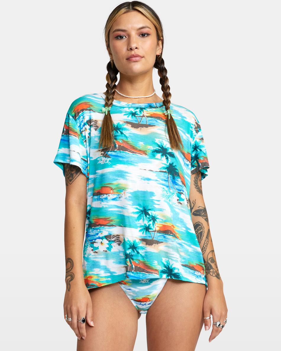 Blue Crest Rvca Recess 3 Crewneck Women\'s T shirt | BUSSD85254