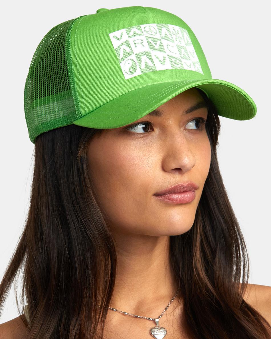 Green Rvca Checker Trucker Women's Hats | ZUSMJ55999