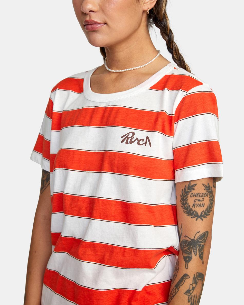 Red Orange Rvca Stripe Slim Fit Women's T shirt | USJZR30286