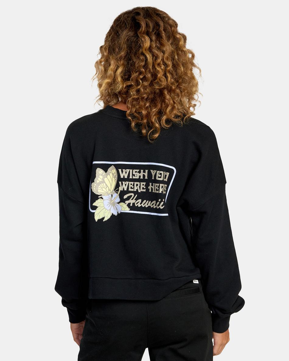 Rvca Black Rvca Hi Wish You Were Here Crewneck Women's Hoodie | USDYB38395