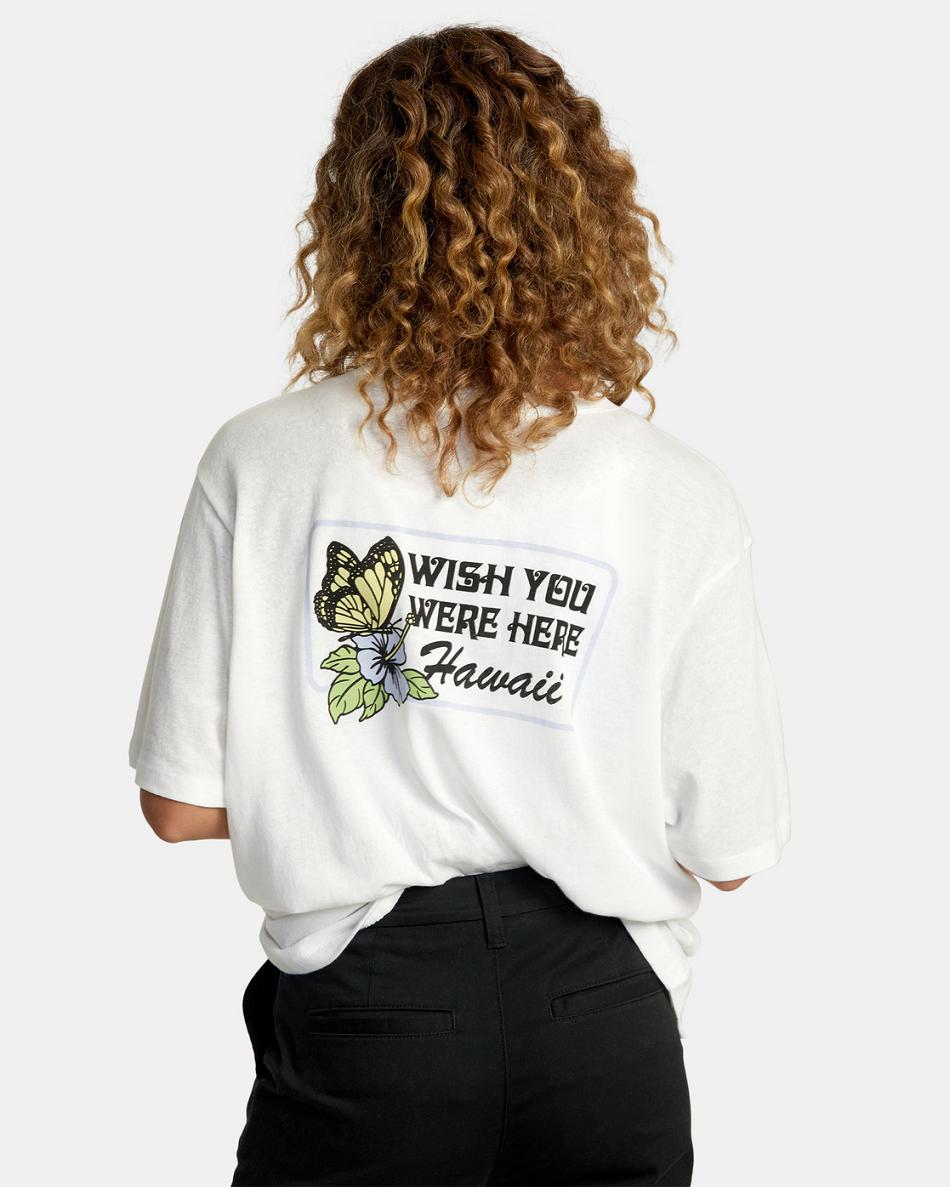 Vintage White Rvca Hawaii Wish You Were Here Graphic Women's T shirt | USJKU66064