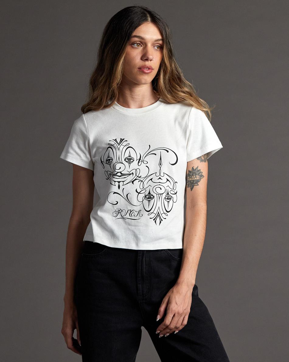 Vintage White Rvca Mister Cartoon Balance Clowns Graphic Women's T shirt | GUSUC20183