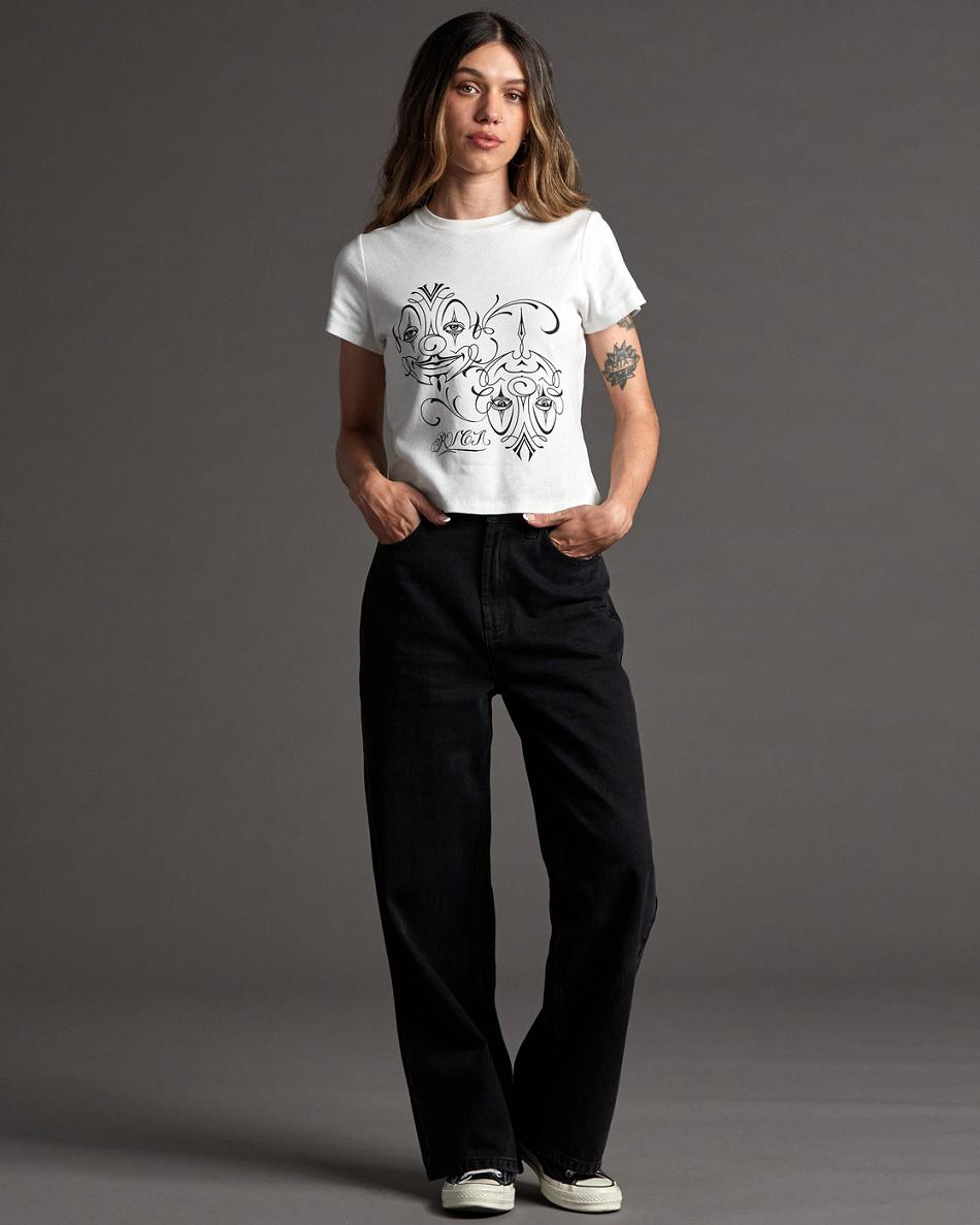 Vintage White Rvca Mister Cartoon Balance Clowns Graphic Women's T shirt | GUSUC20183