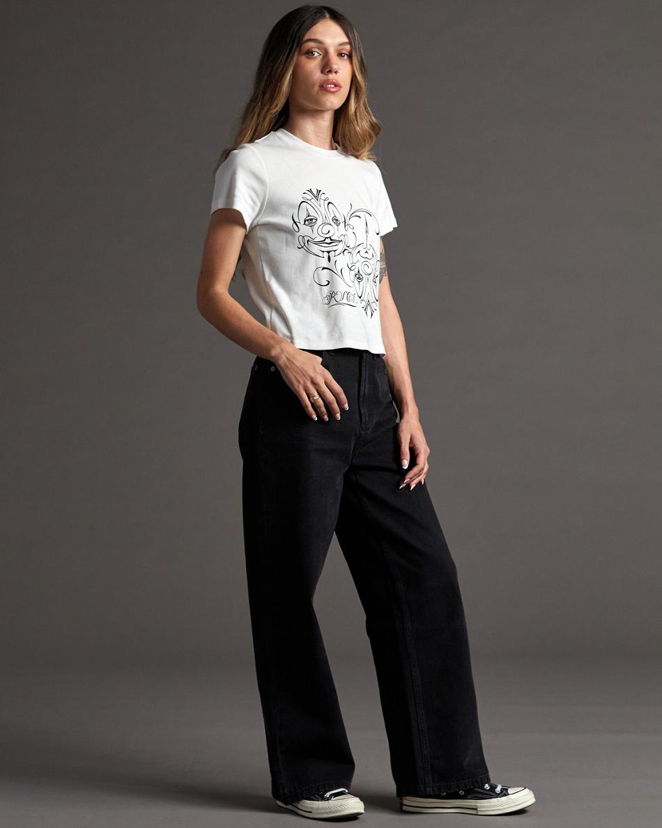 Vintage White Rvca Mister Cartoon Balance Clowns Graphic Women's T shirt | GUSUC20183