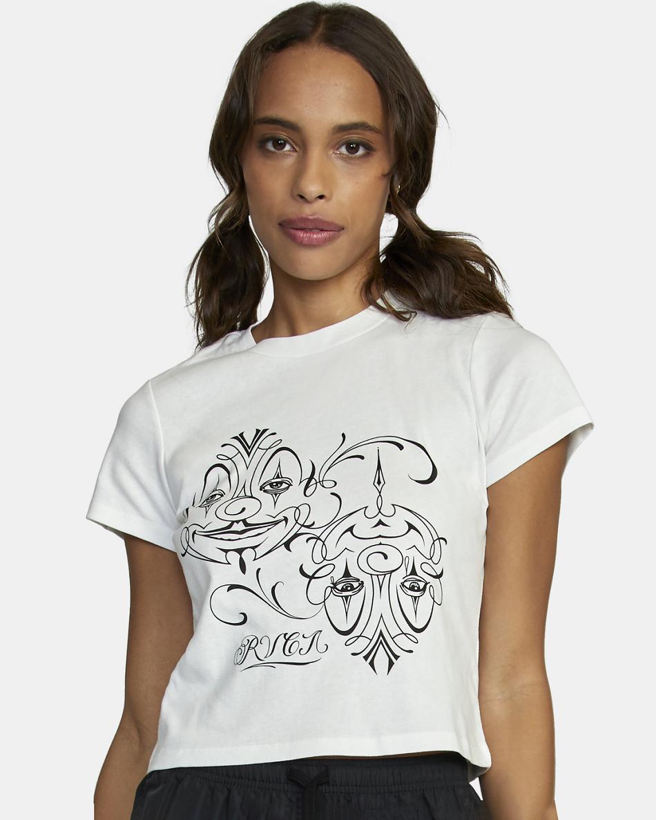 Vintage White Rvca Mister Cartoon Balance Clowns Graphic Women's T shirt | GUSUC20183