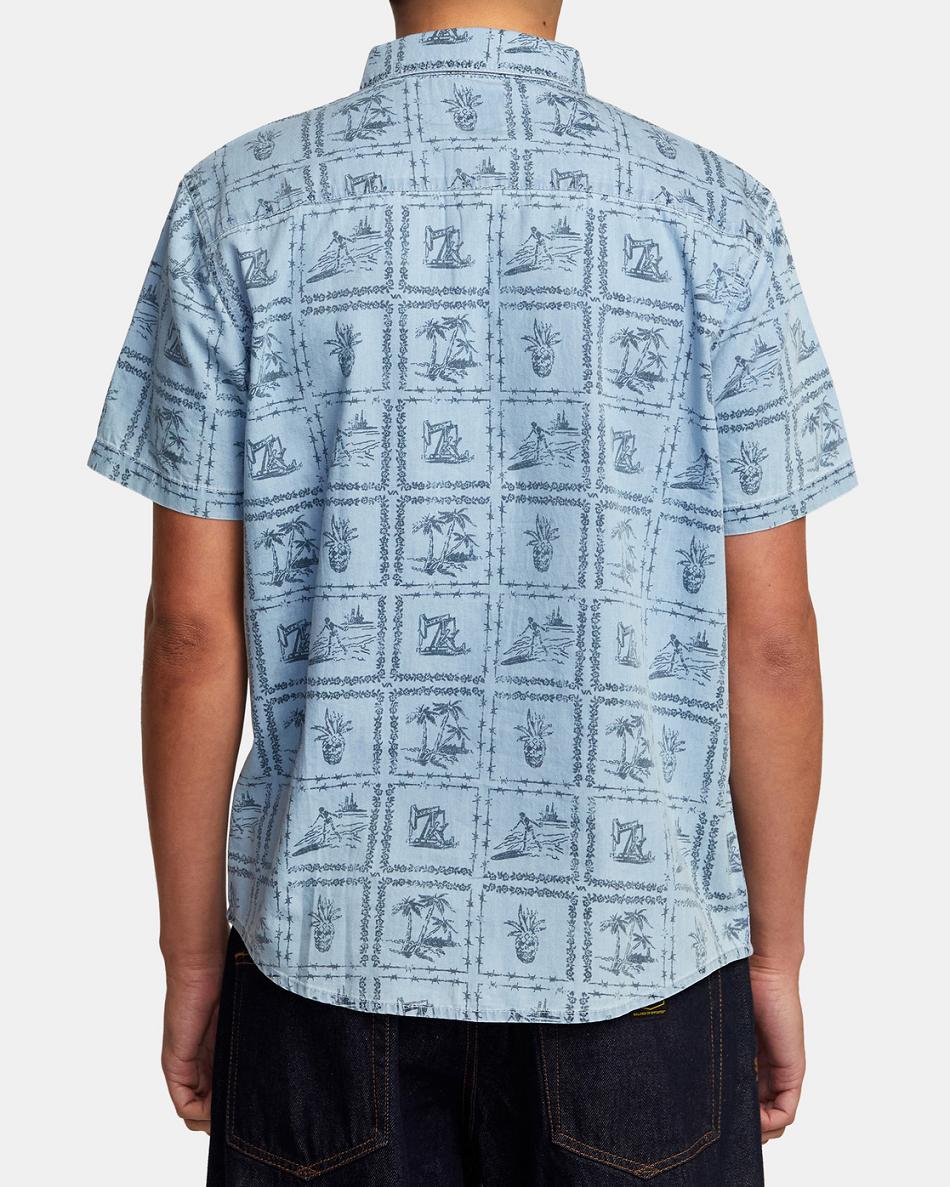 Washed Denim Rvca Frame Short Sleeve Men's T shirt | BUSSD87979